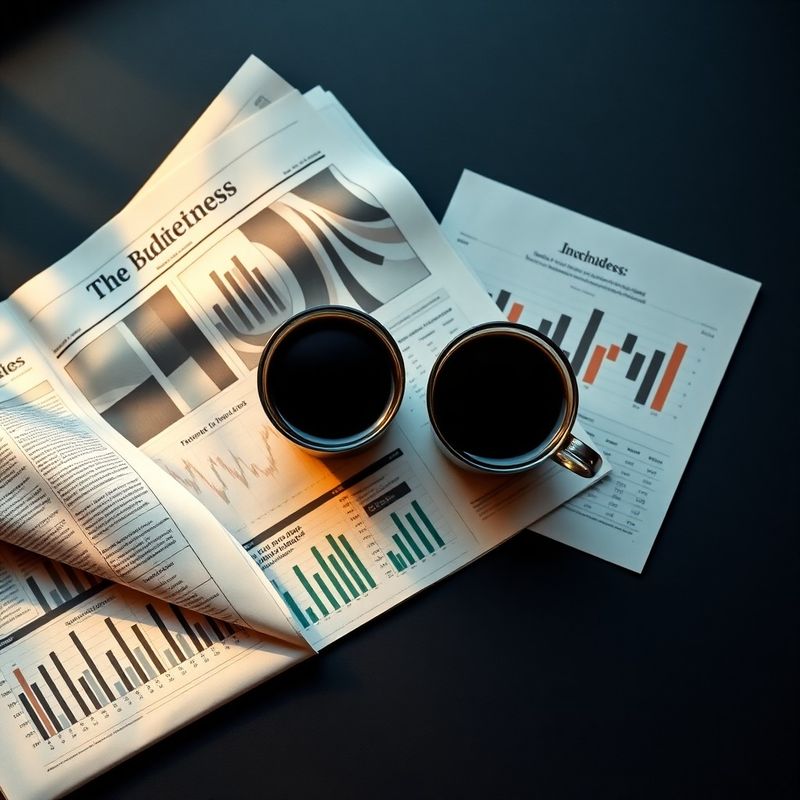 Compoziție editorială cu ziare financiare și grafice pe fundal indigo